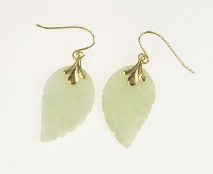14K Yellow Gold Carved Jade Leaf Drop Dangle Hook Earrings