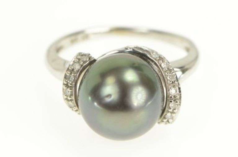 14K White Gold Tahitian Pearl Diamond Freeform Statement Ring