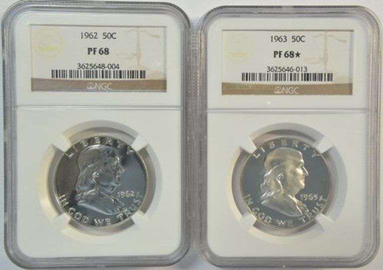 Near perfect 1962 & 1963 Proof Franklin Half Dollars. NGC PF68 & 68*