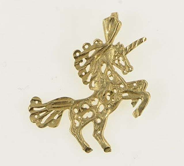 14K Yellow Gold Ornate Scroll Filigree Unicorn Symbol Vintage Pendant