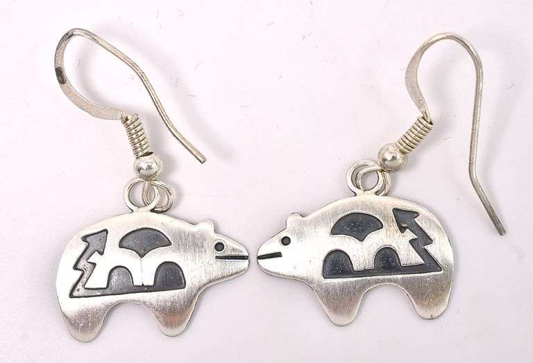 Navajo Bear Dangle Earrings In Sterling Silver