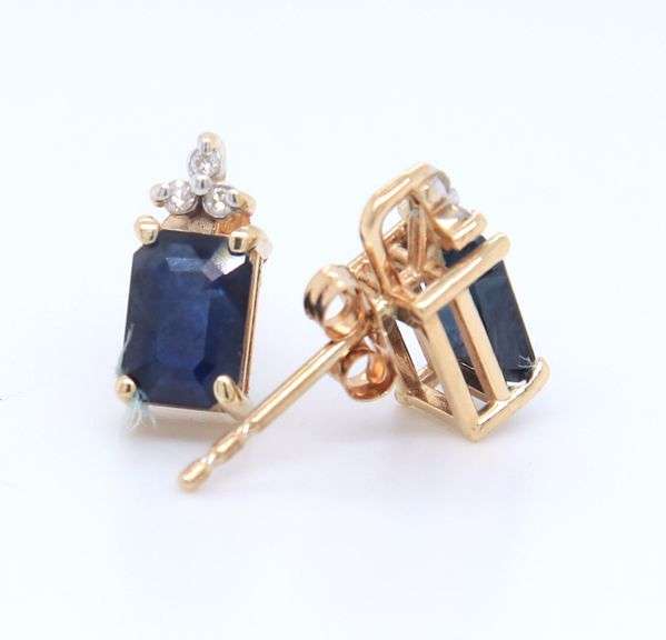 Stunning Yellow Gold Emerald Cut Sapphire and Diamond Earrings