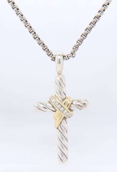 Trendy David Yurman 2 Tone X Diamond Cross Pendant on Chain Necklace