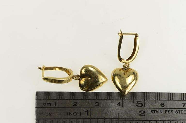 14K Yellow Gold Puffy Heart Vintage Forget Me Not Dangle Earrings
