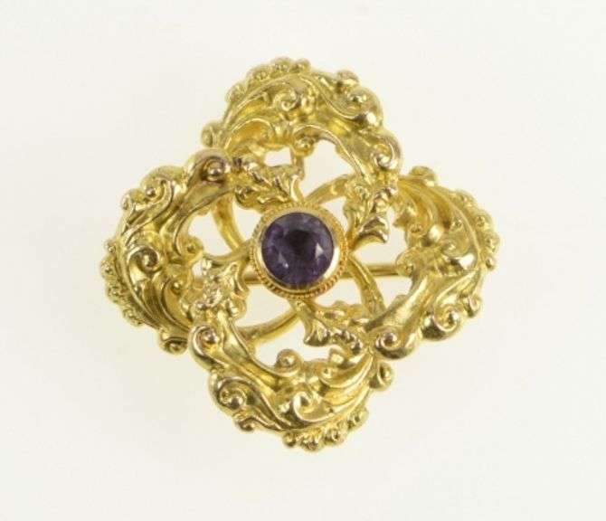 14K Yellow Gold Victorian Amethyst Spiral Knot Statement Pin/Brooch