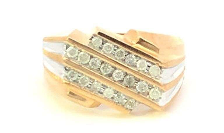 10K Yellow Gold Diamond Striped Vintage Squared Statement Ring