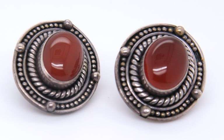 Art Deco 925 Sterling Silver Coral Earrings