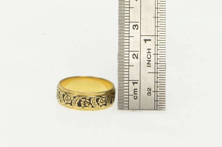 14K Yellow Gold 6.5mm 1940's Floral Enamel Wedding Band Ring