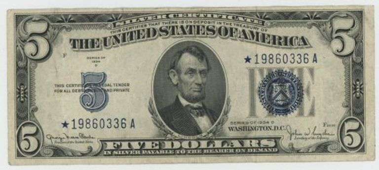 Very Scarce 1934-D Series $5 Silver Certificate STAR note