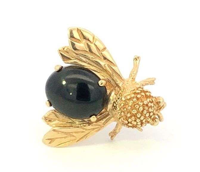 14K Yellow Gold Oval Black Onyx Honey Bumble Bee Vintage Pin/Brooch