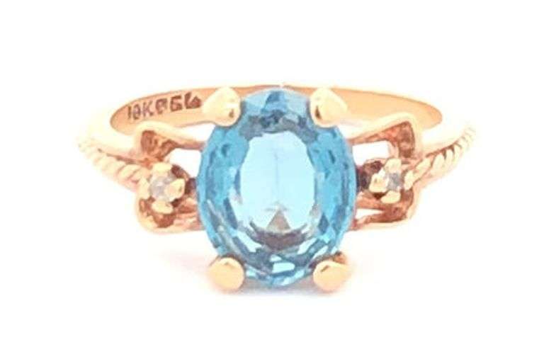 10K Yellow Gold Vintage Oval Blue Topaz Diamond Accent Ring