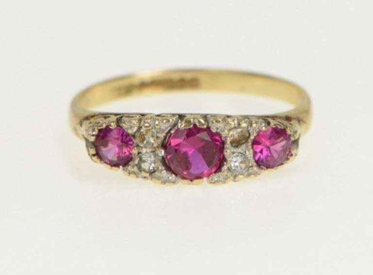 9K Yellow Gold Victorian Syn. Ruby Sim. Diamond Ornate Ring
