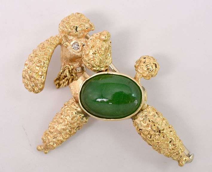 Adventurous Poodle Pin With Diamond and Green Gemstone In 18K Yellow Gold