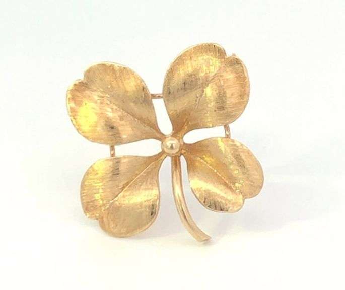 14K Yellow Gold Brushed Finish Retro Four Leaf Clover Lucky Pin/Brooch