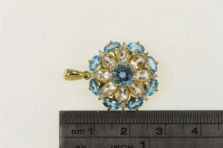 14K Yellow Gold Blue Topaz CZ Vintage Flower Cluster Statement Pendant