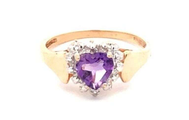 10K Yellow Gold Heart Amethyst Diamond Accent Love Ring
