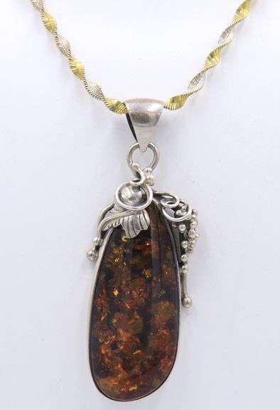 925 Sterling Silver Large Amber Pendant on Italian 2 Tone Rope Chain