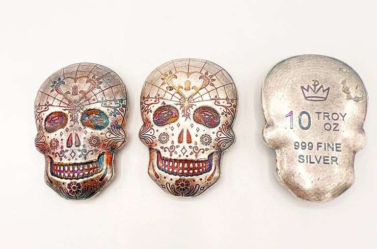 GROUP LOT OF 3X 10oz FINE SILVER SKULL- 30.0 OZ OF .999 SILVER!