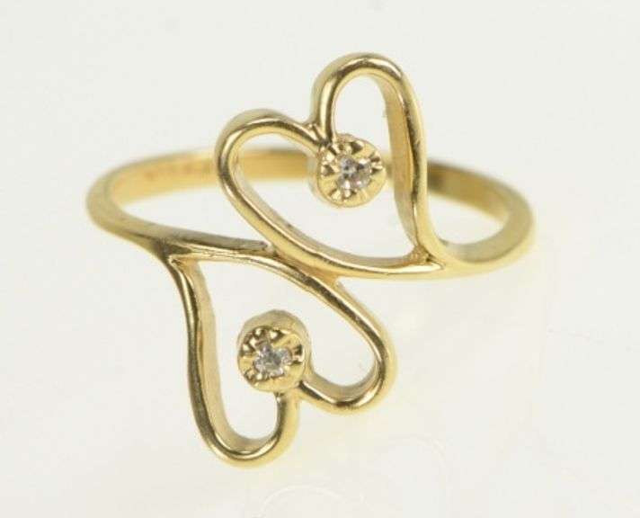 14K Yellow Gold Diamond Inset Retro Heart Love Wrap Bypass Ring