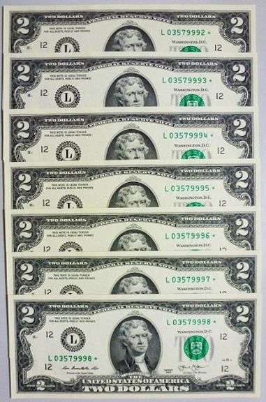 (7) Superb Crisp 2013 $2 Star Replacement Notes San Francisco-Consecutive!