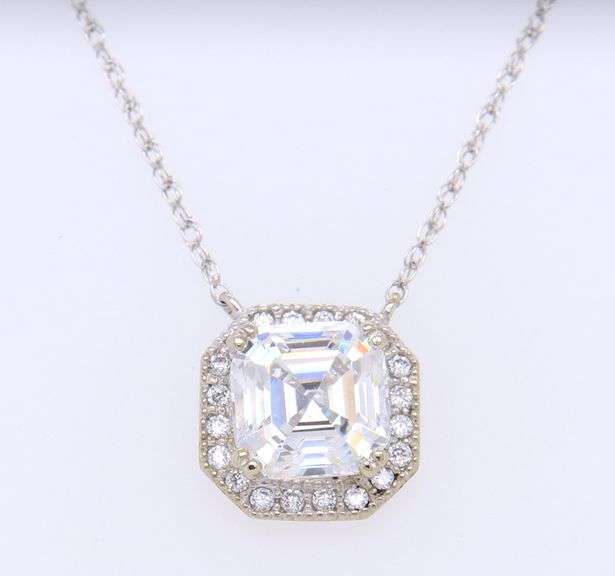 Fabulous White Gold Asscher Cut CZ Halo Necklace