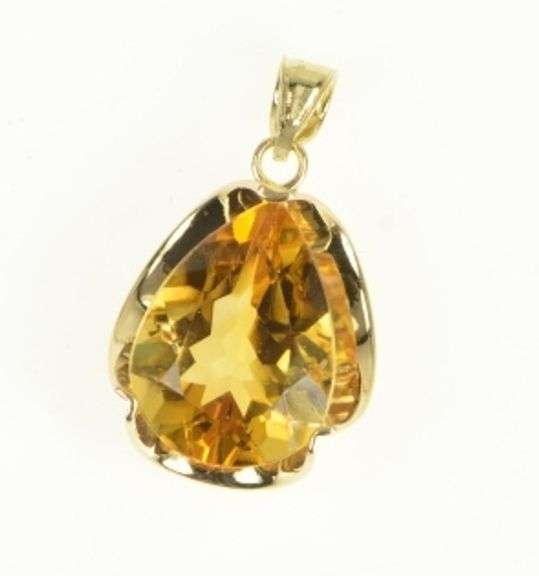 14K Yellow Gold Pear Citrine 1960's Ornate Vintage Statement Pendant
