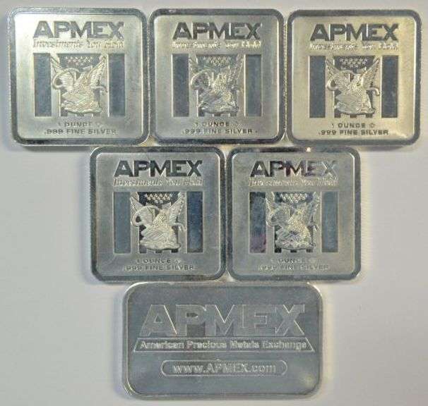 Six (6) assorted interesting Apmex 1 Troy Oz Silver Bars