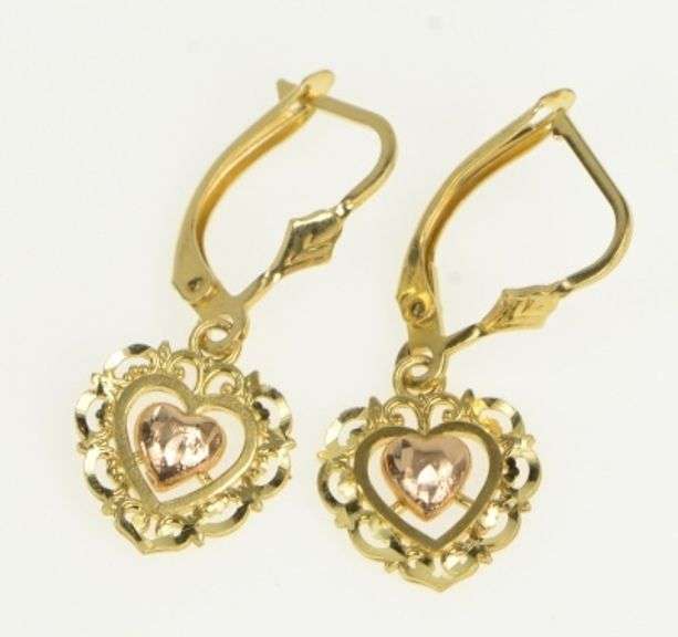 14K Yellow Gold Scalloped Filigree Heart Love Symbol Dangle Earrings