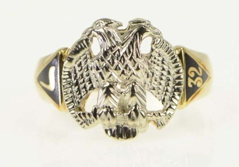 10K White Gold Masonic Eagle Symbol Enamel Vintage Men's Ring