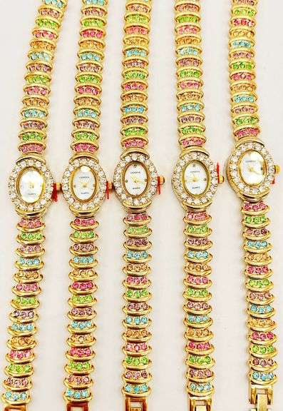 GROUP LOT OF 5x MATCHING 14KT YELLOW GOLD PLATED GENEVA WATCHES WITH GEMSTONES.