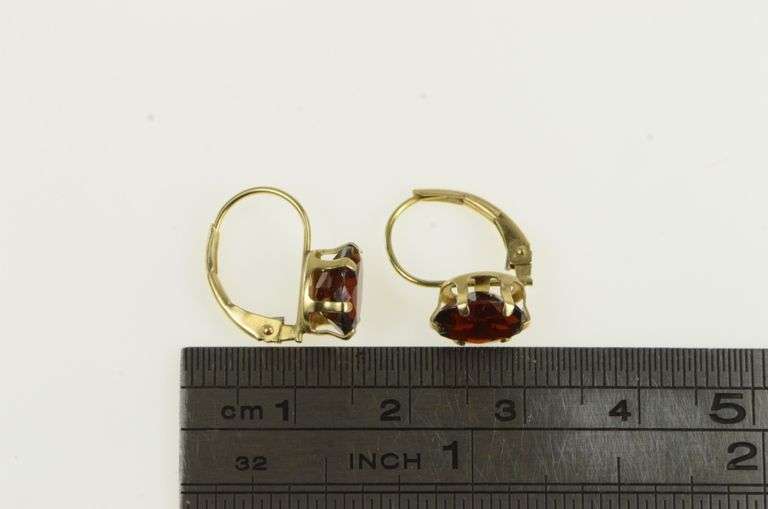 14K Yellow Gold Oval Garnet Solitaire Vintage Classic Lever Earrings
