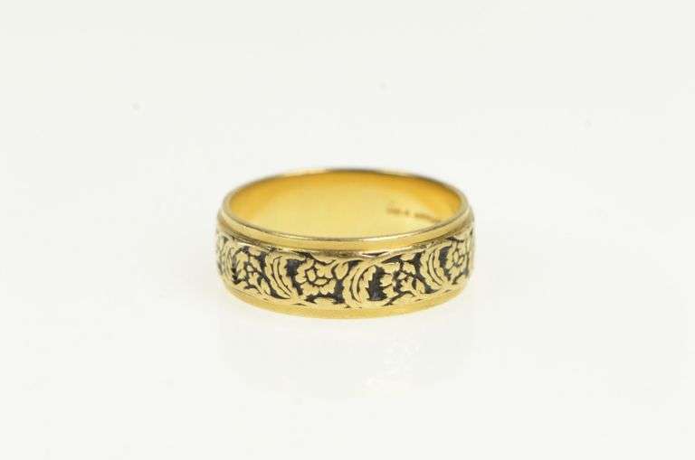 14K Yellow Gold 6.5mm 1940's Floral Enamel Wedding Band Ring
