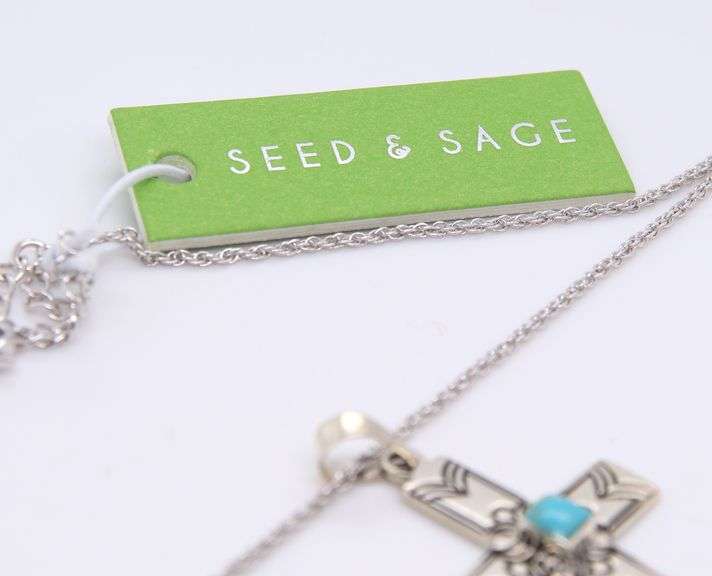Seed & Sage 925 Sterling Silver Signed Turquoise Cross Pendant on Chain