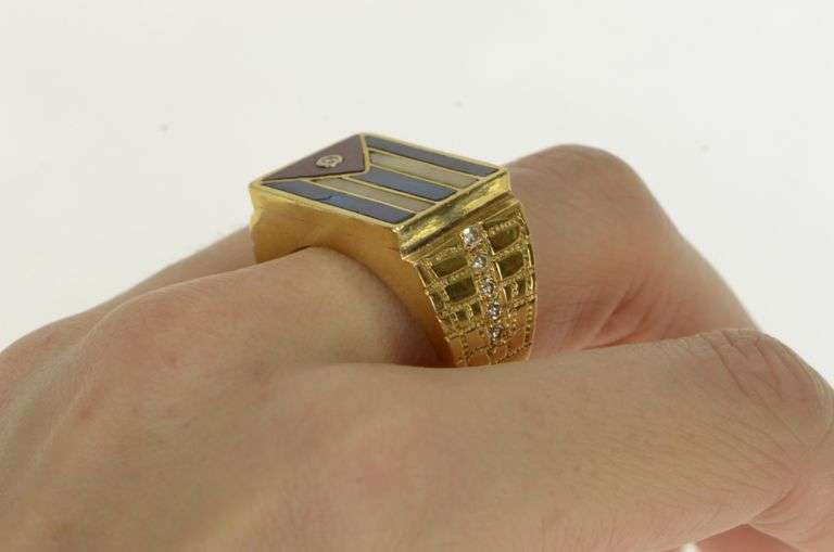 18K Yellow Gold Diamond Puerto Rico Flag Enamel Men's Ring