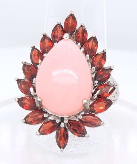 925 Sterling Silver Pear Shape Opal With Garnet Ring