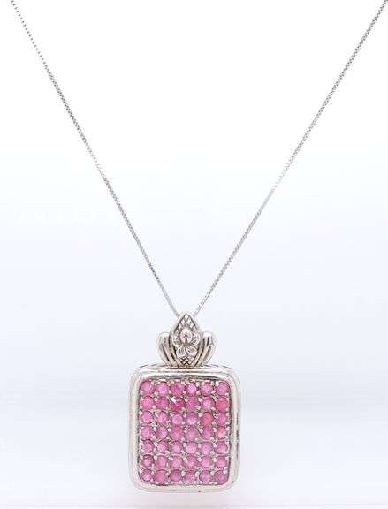 925 Sterling Silver Pink Topaz Square Pendant on Box Chain Necklace