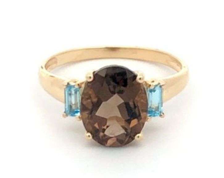 10K Yellow Gold Oval Smoky Quartz Blue Topaz Statement Ring