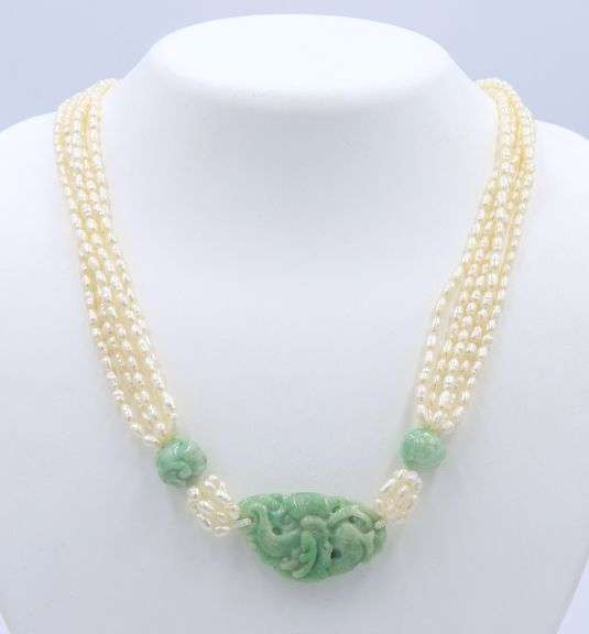 Multi Starnd Pearl Necklace with Green Jade
