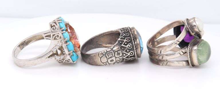 Group Lot of 3 Vintage 925 Sterling Silver Gemstone Rings