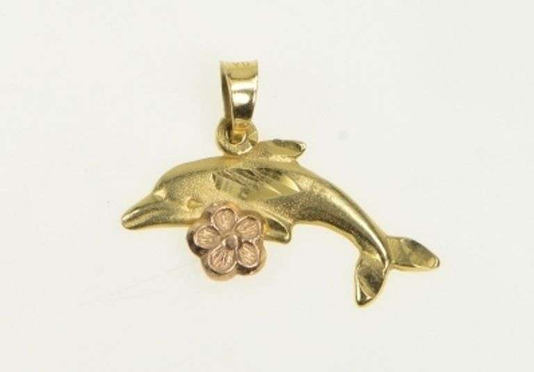 14K Yellow Gold Dolphin Flower Accent Vintage Ornate Pendant
