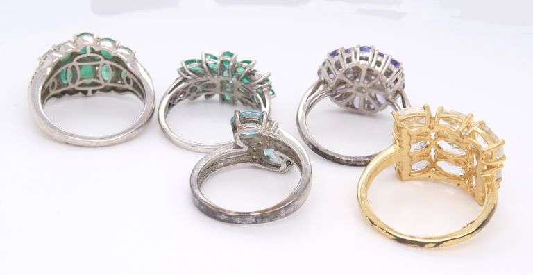 Group Lot of 5 Vintage 925 Sterling Silver Gemstone Rings