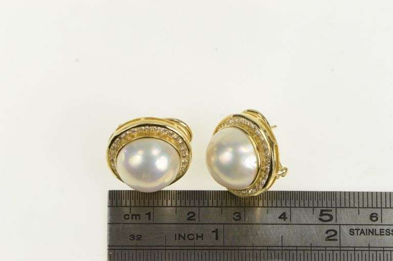 14K Yellow Gold 1.60 Ctw Diamond 14mm Pearl French Clip Earrings