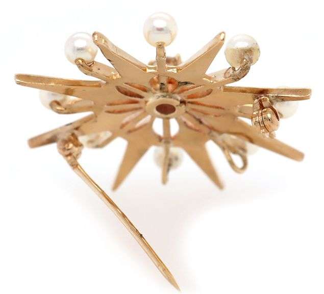 Vintage 0.24ct Diamond and Pearl Starburst Brooch in 14K