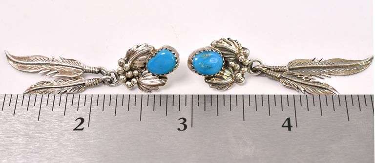 Native American Turquoise Feather Earrings In Sterling Silver