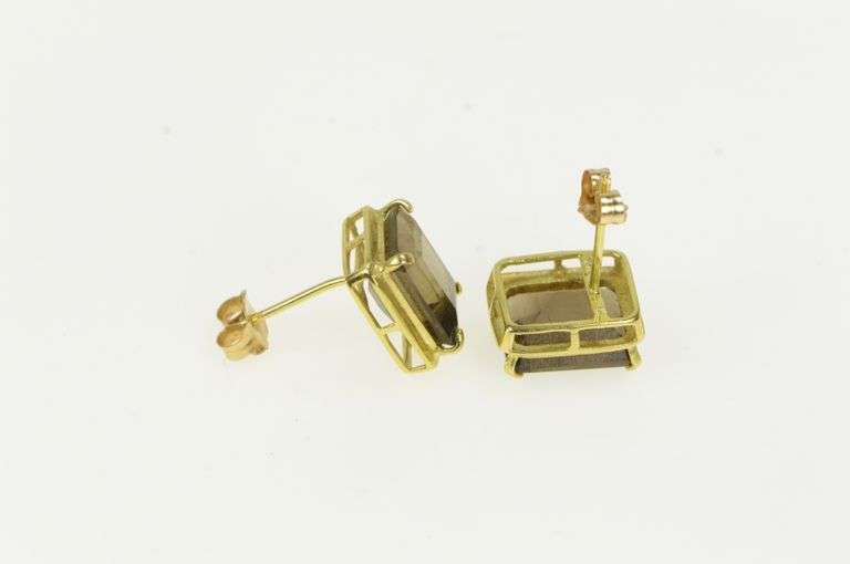 14K Yellow Gold Emerald Cut Smoky Quartz Solitaire Vintage Earrings