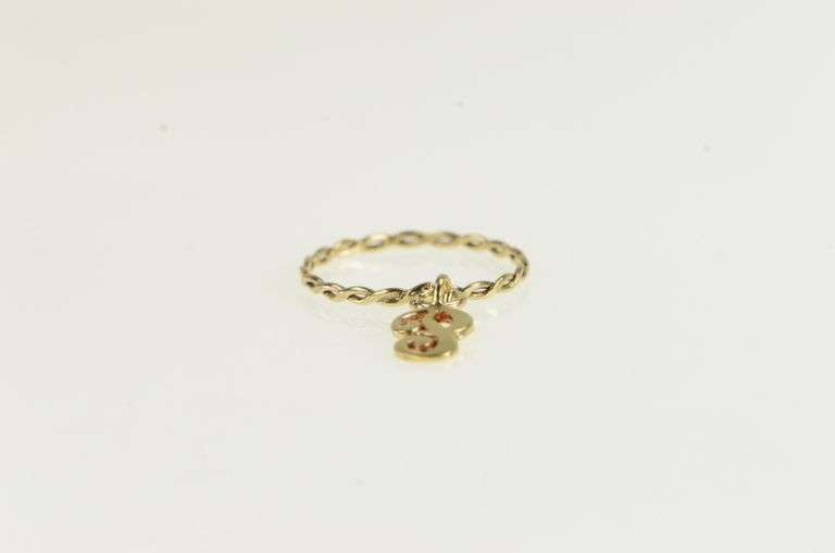 14K Yellow Gold E Cursive Letter Monogram Initial Charm Ring