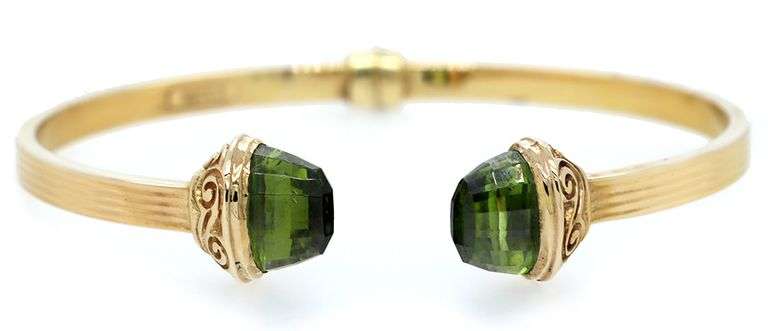 Italian Peridot End Cap Hinged Cuff Bracelet in 14K