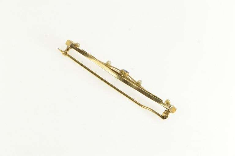 14K Yellow Gold Victorian Syn. Sapphire Seed Pearl Bar Pin/Brooch