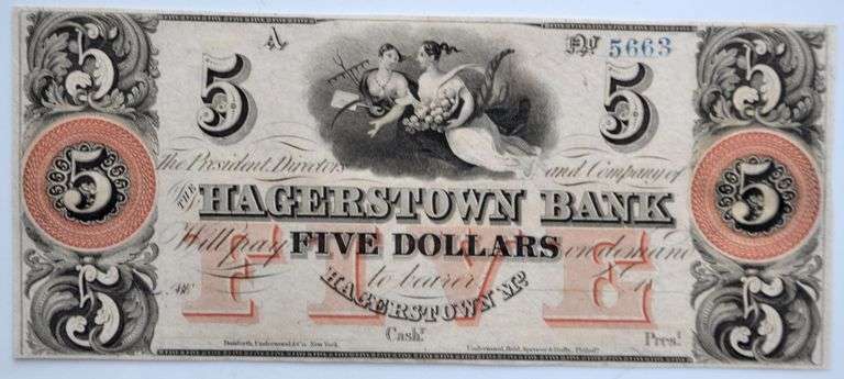 $5 Hagerstown Bank Md 1850 60 s Note
