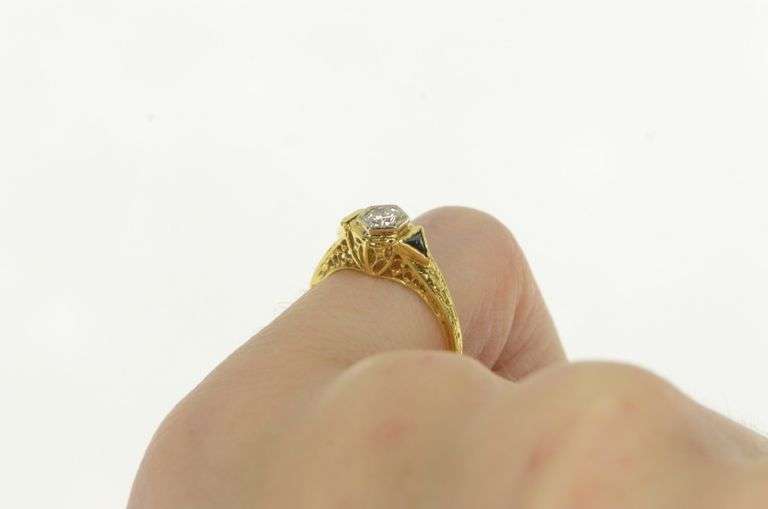 18K Yellow Gold Art Deco Diamond Sapphire Accent Vintage Ring